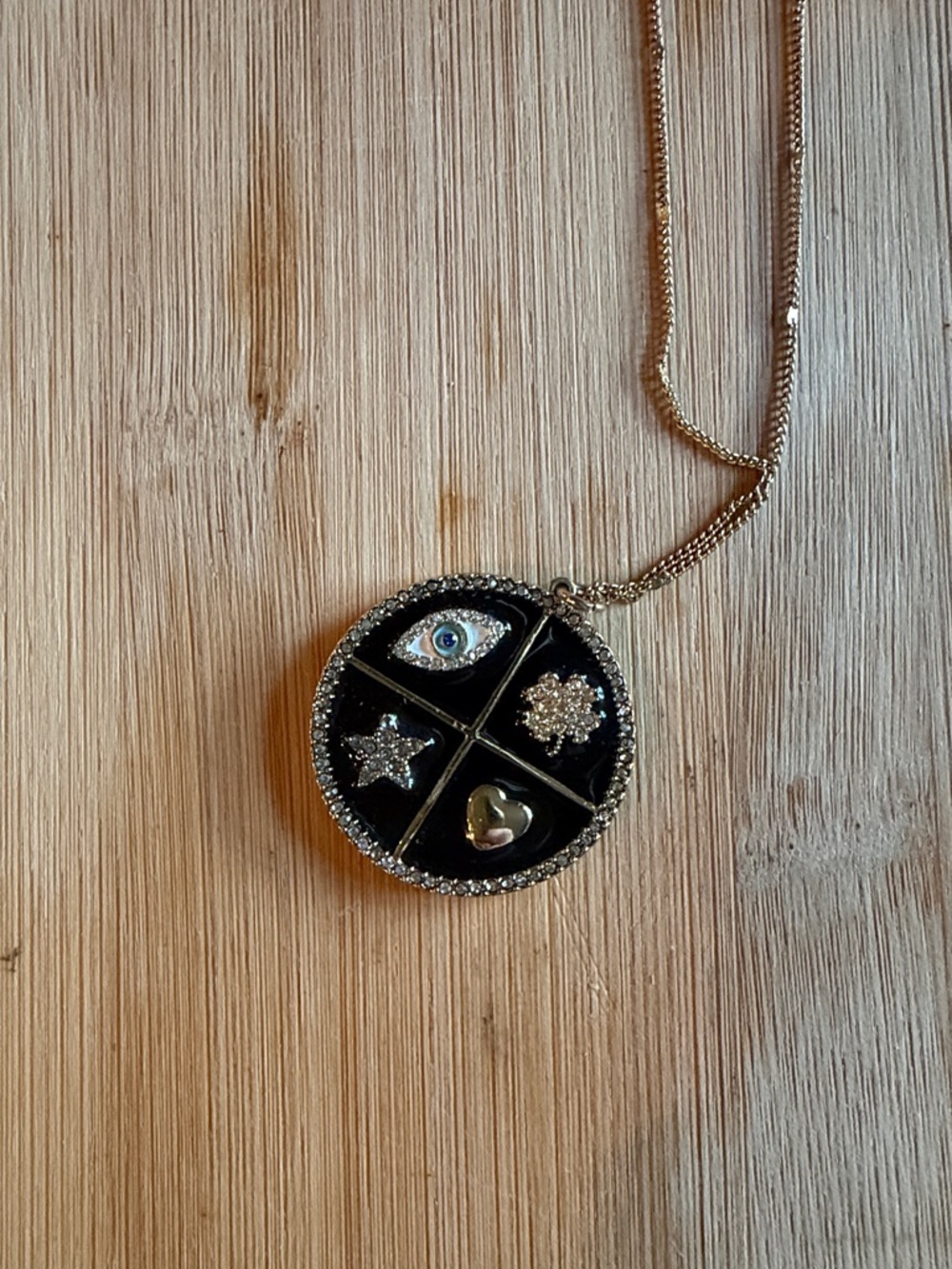 Gold-Tone Black Enamel Charm Pendant Necklace with Crystal Accents